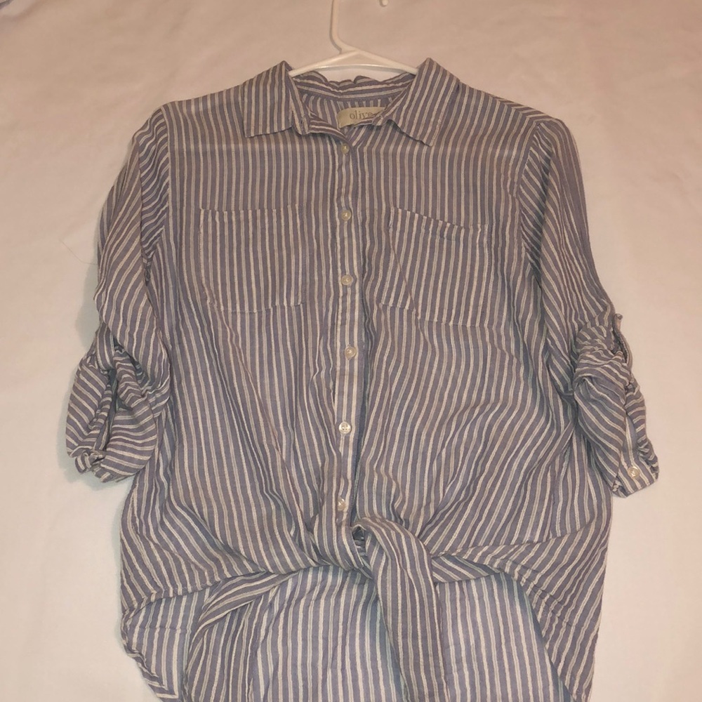 Blue and white striped blouse.
